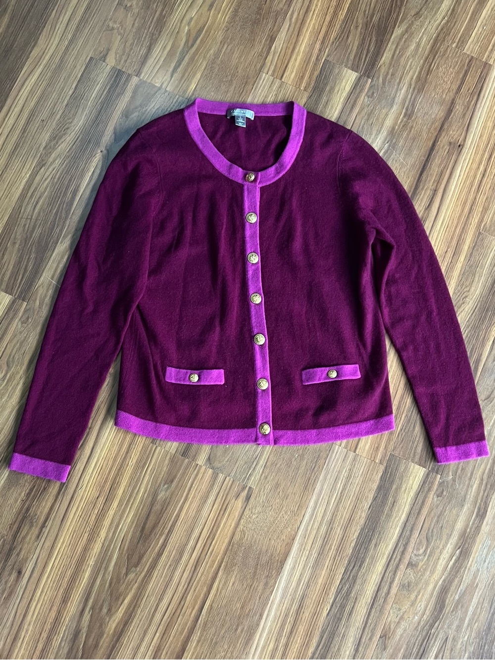 Charter Club Burgundy Cardigan with Pink Trim and Gold Buttons